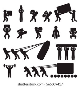 People Icon Set. People Carrying And Lifting Heavy Load. Vector.