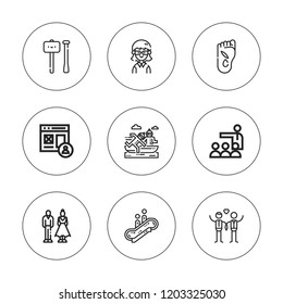 People Icon Set. Collection Of 9 Outline People Icons With Canoeing, Couple, Foot, Escalator, Meeting, Newlyweds, Profile, Sculpture Icons. Editable Icons.