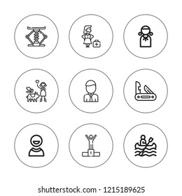 People icon set. collection of 9 outline people icons with biologist, canoe, elevator, employee, judge, jackknife, office worker, success icons. editable icons.