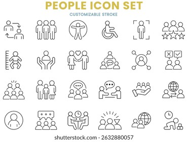 People icon set, community, group, family, team, person, baby, customizable stroke, vector, illustration