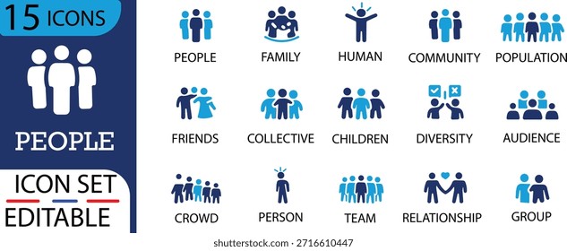 Conjunto de iconos de Personas. Contiene público, cuidado, niños, colectivo, comunidad, multitud, discapacitados, diversidad e iconos de grupo. Colección de iconos sólidos.