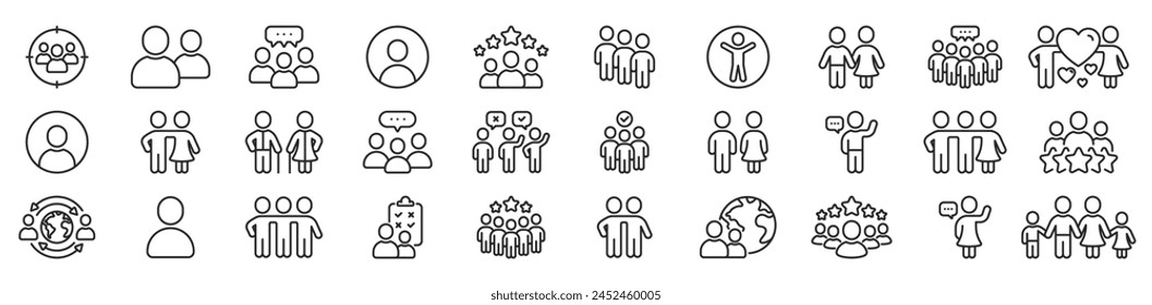 People icon set. Containing family, human group, team community. Friends, population and senior icons. Man placeholder, person silhouette, photo avatar. Group of people, leaders, users icon. Vector