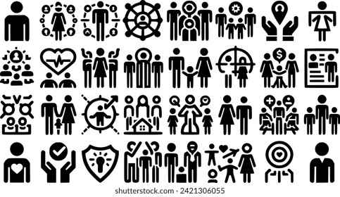 People icon set. Containing group, family, human, team, community, friends, population and senior icons. Solid icon collection.