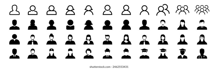 People icon set. Containing group, family, human, team, community, friends. people characters various. Woman and man face line icons.