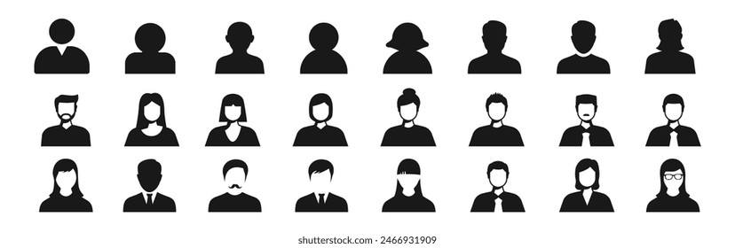 Conjunto de iconos de Personas. Conteniendo grupo, familia, humano, equipo, comunidad, amigos. personas personajes varios. Iconos de la línea de la cara de la mujer y del hombre.