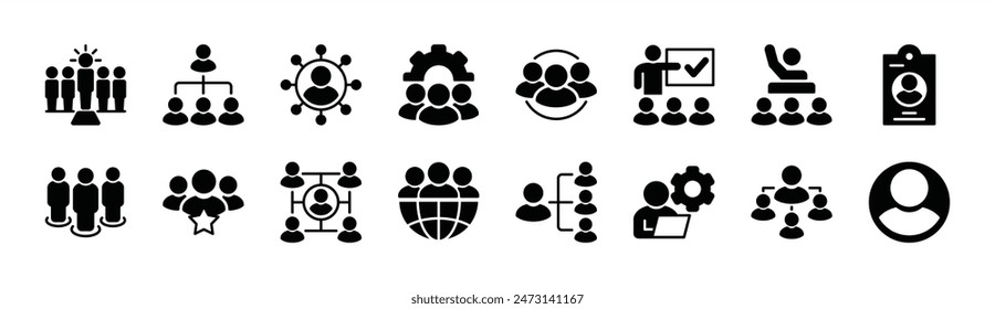 Menschen-Symbolsatz. Enthält Gruppe, Leiter, Geschäftsmann, Mitarbeiter, Personal, Teamarbeit, Hierarchie, Büroverwaltung, Manager, Benutzer, Profil, Organisation, Agent. Vektorillustration	
