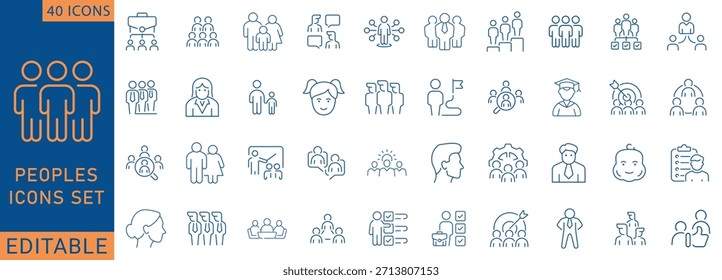 People icon set. Containing group, team, human, family, community, friends, population and more. Outline Icon Collection. Fully  Editable. Vector illustration.