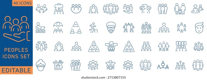 People icon set. Containing group, team, human, family, community, friends, population and more. Outline Icon Collection. Fully  Editable. Vector illustration.