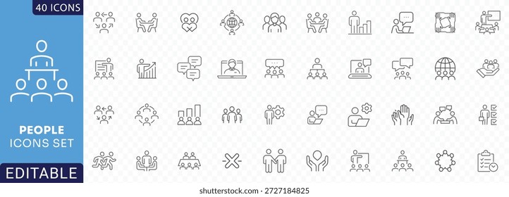 Conjunto de iconos de Personas. Contiene grupo, equipo, humano, familia, comunidad, amigos, población y más. Colección de iconos de contorno. Totalmente Editable. Ilustración vectorial.	
