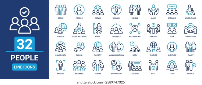 People icon set. Containing person, community, crowd, population, team, family, group, human, profile and more. Outline vector icons collection.