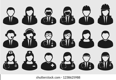 People icon set of different profession. Corporate man, Dorctor, Nurse, Engineer etc.