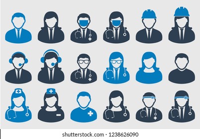 People icon set of different profession. Corporate man, Dorctor, Nurse, Engineer etc.