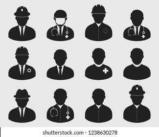 People icon set of different profession. Corporate man, Dorctor, Nurse, Engineer etc.