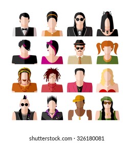 People icon set. Different subcultures in trendy flat style. Vector illustration. Isolated on white background.