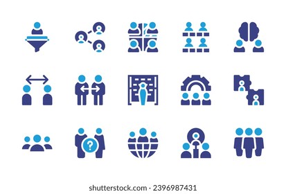 People icon set. Duotone color. Vector illustration. Containing employee, choir, cooperation, gear, filter, teamwork, brain, lgtbi, best employee, social distancing, photocall, group, world.