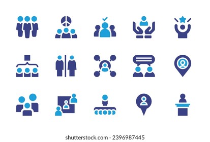 People icon set. Duotone color. Vector illustration. Containing teamwork, selection, success, career, pin, team, connection, placeholder, family, conference, lectern, chat, toilet signs.
