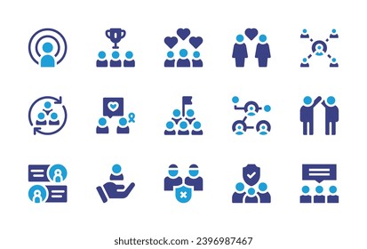 People icon set. Duotone color. Vector illustration. Containing target, fans, teamwork, goal, success, winner, couple, team, friendship, population, no discrimination, connection, customer, family.