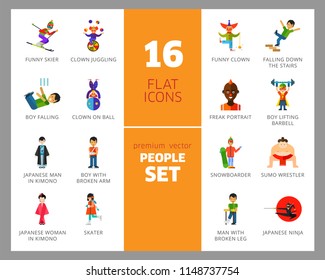 People icon set. Falling down the stairs, slipping, snowboarder, ninja. Extreme activity concept. Can be used for topics like caution, comics, freaks