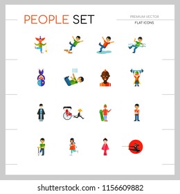 People icon set. Falling down the stairs, slipping, snowboarder, ninja. Extreme activity concept. Can be used for topics like caution, comics, freaks