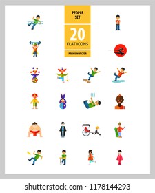 People icon set. Falling down the stairs, slipping, snowboarder, ninja. Extreme activity concept. Can be used for topics like caution, comics, freaks