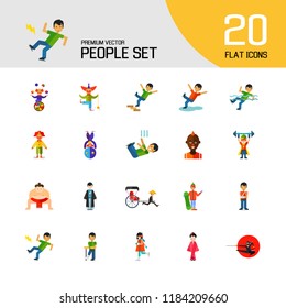 People icon set. Falling down the stairs, slipping, snowboarder, ninja. Extreme activity concept. Can be used for topics like caution, comics, freaks