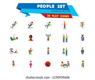 People icon set. Falling down the stairs, slipping, snowboarder, ninja. Extreme activity concept. Can be used for topics like caution, comics, freaks