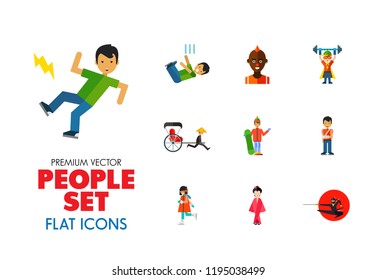 People icon set. Falling down the stairs, slipping, snowboarder, ninja. Extreme activity concept. Can be used for topics like caution, comics, freaks