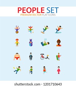People icon set. Falling down the stairs, slipping, snowboarder, ninja. Extreme activity concept. Can be used for topics like caution, comics, freaks