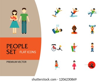 People icon set. Falling down the stairs, slipping, snowboarder, ninja. Extreme activity concept. Can be used for topics like caution, comics, freaks