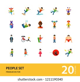 People icon set. Falling down the stairs, slipping, snowboarder, ninja. Extreme activity concept. Can be used for topics like caution, comics, freaks