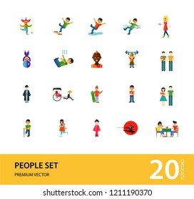People icon set. Falling down the stairs, slipping, snowboarder, ninja. Extreme activity concept. Can be used for topics like caution, comics, freaks