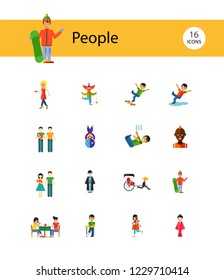 People icon set. Falling down the stairs, slipping, snowboarder, ninja. Extreme activity concept. Can be used for topics like caution, comics, freaks