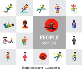 People icon set. Falling down the stairs, slipping, snowboarder, ninja. Extreme activity concept. Can be used for topics like caution, comics, freaks