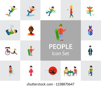 People icon set. Falling down the stairs, slipping, snowboarder, ninja. Extreme activity concept. Can be used for topics like caution, comics, freaks