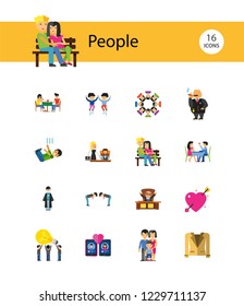 People Icon Set. Family Showing Respect Amour Symbol Couple On Park Bench Dating Team Dinner Friends Greeting Boss Director Common Idea Rich Person