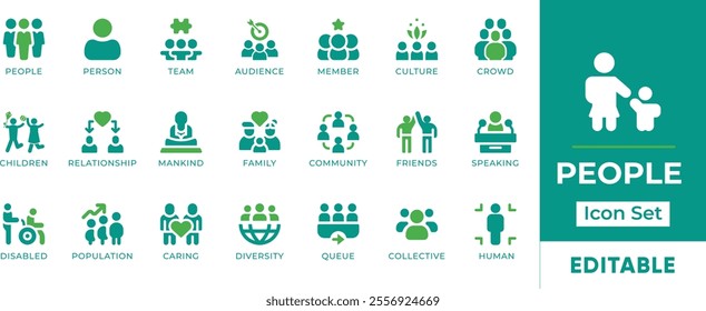 People Icon Set. Features editable icons for people, person, team, audience, member, culture, crowd, children, and more. Perfect for websites, apps, and digital projects related to social issues.