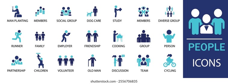 People icon set. Featuring detailed illustrations of group, family, human, team, community, friends, population and senior icons. Cohesive set of scalable vector icons.