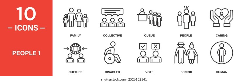 Conjunto de ícones de pessoas com símbolos de família, fila, sênior e cultura
