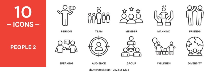 Conjunto de ícones de pessoas apresentando a equipe, o público, os amigos e os símbolos de diversidade