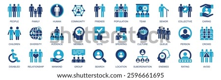 People icon set in flat duotone solid icons web design. Pack pictograms with family, human, community, friends, population, team, senior, collective, children, diversity, other. Vector illustration.