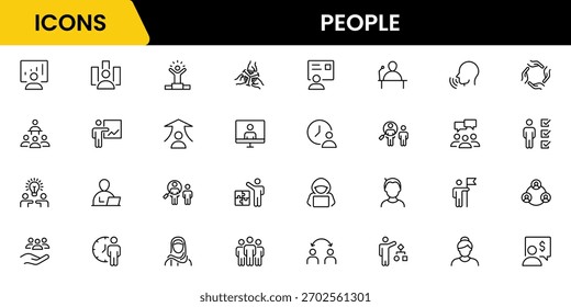 Conjunto de iconos de Personas en estilo plano. Conjunto de iconos de línea. Iconos de línea de administración. Personas de negocio de línea. Recursos humanos. gestión de oficinas. Ilustración vectorial.