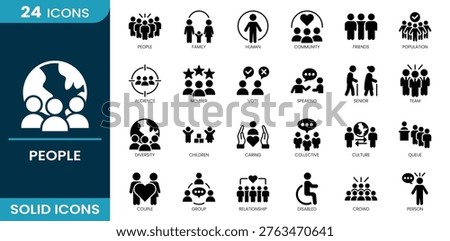 People icon set. Human interaction, family unit, social community, friendship group, population data, audience target, membership, voting choice, speaking communication, elderly people, team collaboration, diversity concept, kids activity, caring service, group discussion, cultural diversity, waiting queue, couple bond, social network, disability access, crowd audience, single person. Solid vector icons collection.