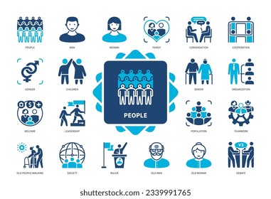 Leute Symbol gesetzt. Menschen, Mann, Frau, Kinder, Ältere, Familie, Führung, Gesellschaft, Konversation. Duotone-Farbsymbole