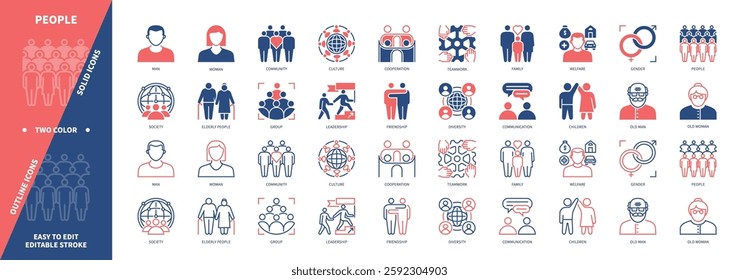 People icon set. Human, Man, Woman, Children, Elderly, Family, Leadership, Society, Conversation. Duotone color solid and editable outline icons
