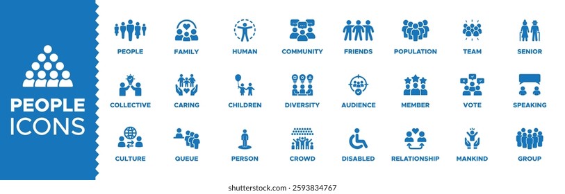 People icon set. people icons set or pack. Containing group, family, human, team, community, friends, group, senior, population, member, team, population and senior icons. Solid icon collection.