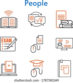 people icon set. included exam, instructor, homework, learn, book, elearning, enter, click icons. bicolor styles.