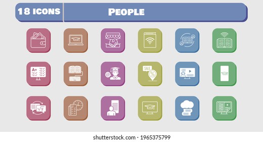 people icon set. included handshake, study, audiobook, wallet, test, homework, student, book, student-desktop, student-smartphone icons on white background. linear, filled styles.