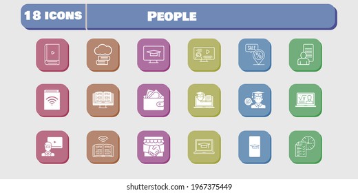 people icon set. included handshake, study, audiobook, wallet, test, student, book, training, student-desktop, student-smartphone icons on white background. linear, filled styles.