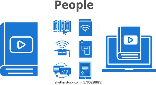 people icon set. included tablet, audiobook, e-book, cap, homework, learn, book, enter icons. filled styles.