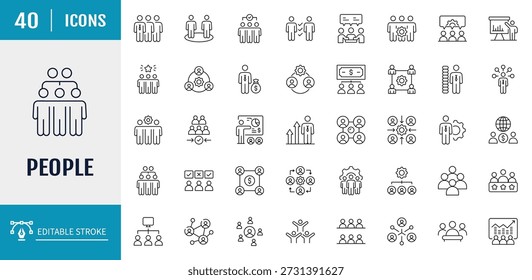 Conjunto de iconos de Personas. Incluye grupo, familia, humano, equipo, comunidad, amigos, población y más. Ilustración vectorial con trazos editables